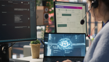 conseillère centre de relation client devant plusieurs écrans montrant différentes technologies, dont l'IA